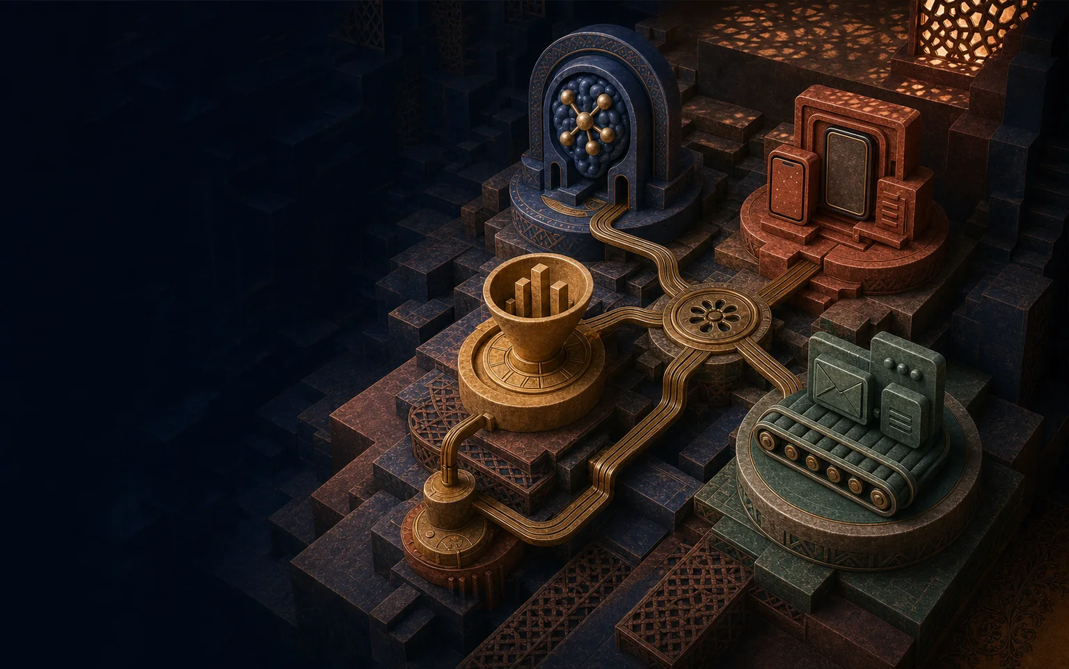 A colorful claymorphic digital foundry built from Indian architectural forms